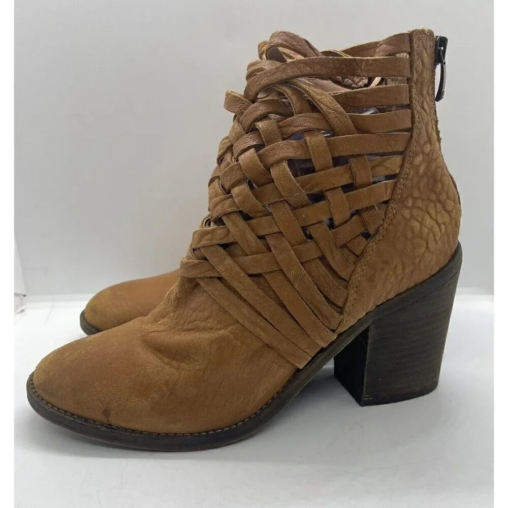 Free People Carrera Bootie Woven Ankle Boots Vintage Tan Leather Size 39 US 8.5